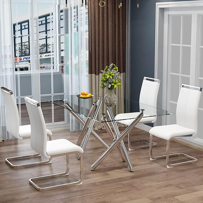 AZmac Modern Leather Dining Chairs Set of 4,Armless Kitchen Chairs,Dining Room Chairs with Upholstered Padded Seat and Sturdy Chrome Legs for Dining Room,Kitchen (Set of 4, White+PU Leather)