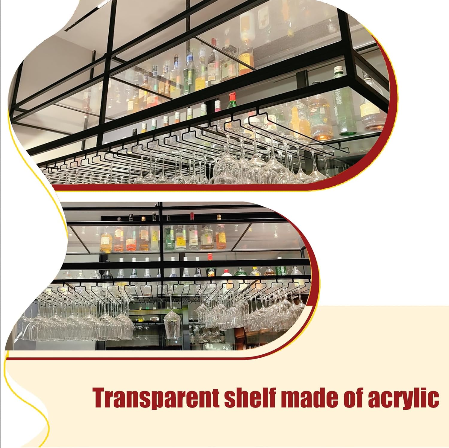 31.4IN Acrylic Ceiling Wine Glass Rack with Transparent Shelves, Hanging Wine Rack with Glass Holder and LED lights, 2 Layer Ceiling Bottle Holder Shelf for Bar Kitchen Decorate (31.4in/80cm)