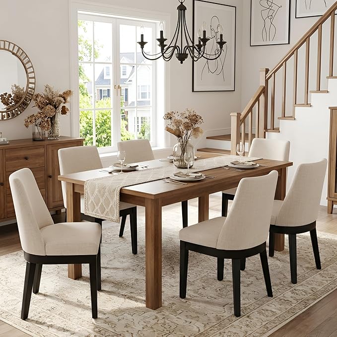 Modern Dining Chairs Set of 4 with Comfortable Back Support, Farmhouse Soft Linen Upholstered Kitchen Dining Room Chairs with Black Solid Wood Legs, Armless Accent Side Chairs for Living Room, Beige