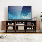70.8" TV Stand with Power Outlet, Mid-Century Modern Television Stand, Fluted Media Console with Sliding Doors, Entertainment Center for TVs up to 60 Inch, Adjustable Shelves, Walnut