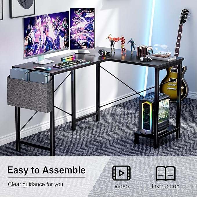 Sweetcrispy L Shaped Computer Desk - Corner Gaming PC Table with CPU Stand Side Bag for Home Office Dorm Sturdy Writing Studying Workstation Modern Simple Reversible, 50-Inch, Inky Black