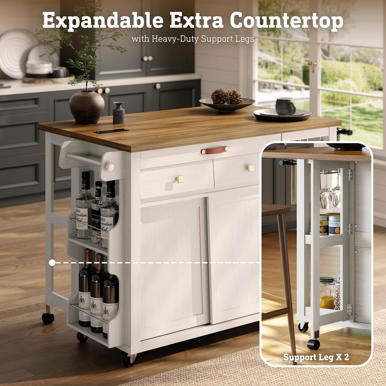 Kitchen Island with Storage Drawers & Charging Station & Drop Leaf | Rolling Kitchen Island Table on Wheels, Mobile Island Cart with Pull-Out Shelf, Spice Rack, for Dining Room (White)