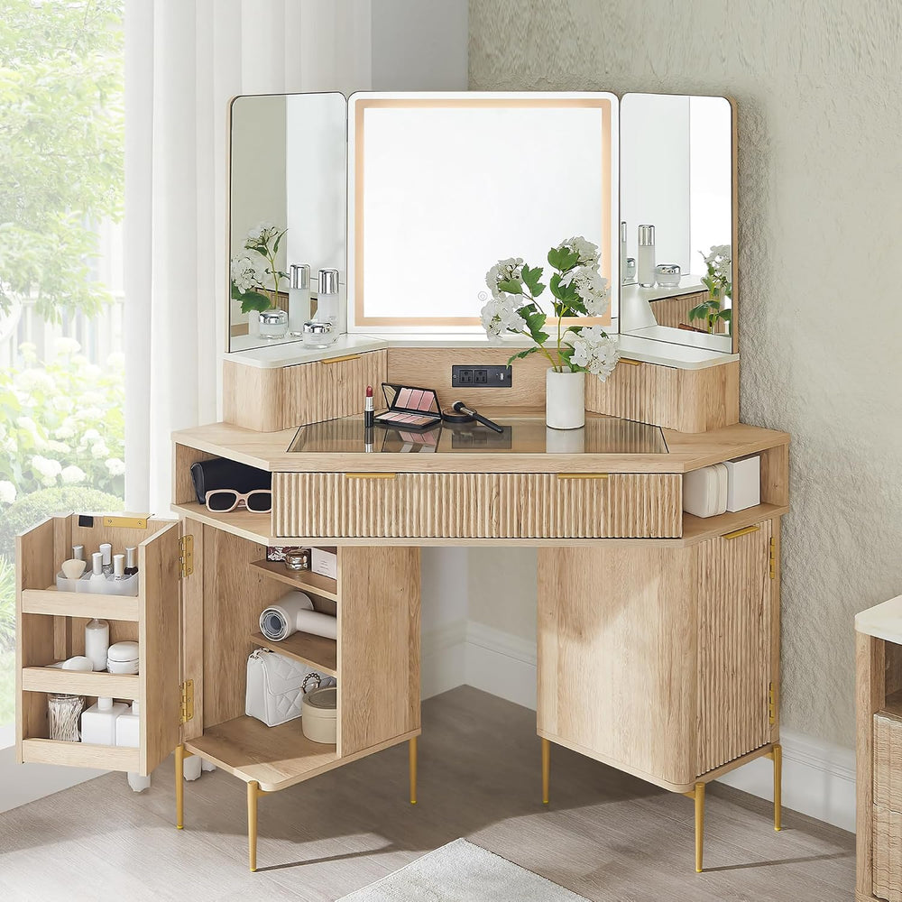 T4TREAM 48" Corner Makeup Vanity with Lighted Triple Mirror, Natural Oak...