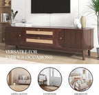 Mid Century Modern TV Stand for TVs up to 75”, Fluted Entertainment Center, Media Console with Tambour Sliding Doors and Rattan-Style Drawers, Walnut Finish Media Console for Living Room