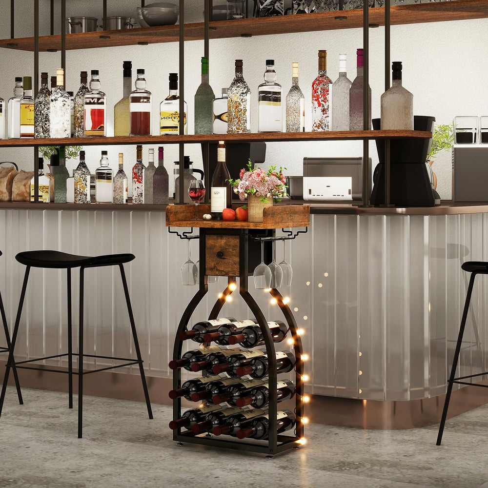 IBUYKE Wine Rack Freestanding Floor,15 Bottles,Glass Holder,Brown TMJ908H | M...