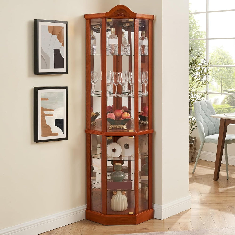 Classical Glass Cabinet Lighted, Wine Cabinet with Adjustable Glass Shelves, ...