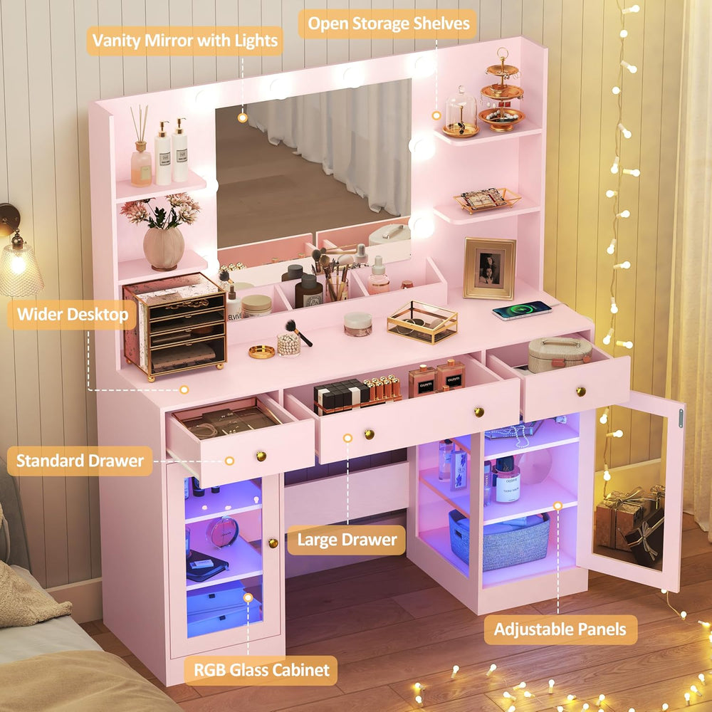 HUANLEGO Large Makeup Vanity Desk with Mirror and Lights, Pink