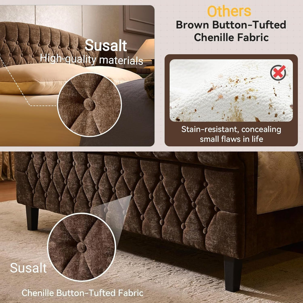 Queen Size Sleigh Bed Frame Upholstered in Chenille with High Offset/Tufted H...
