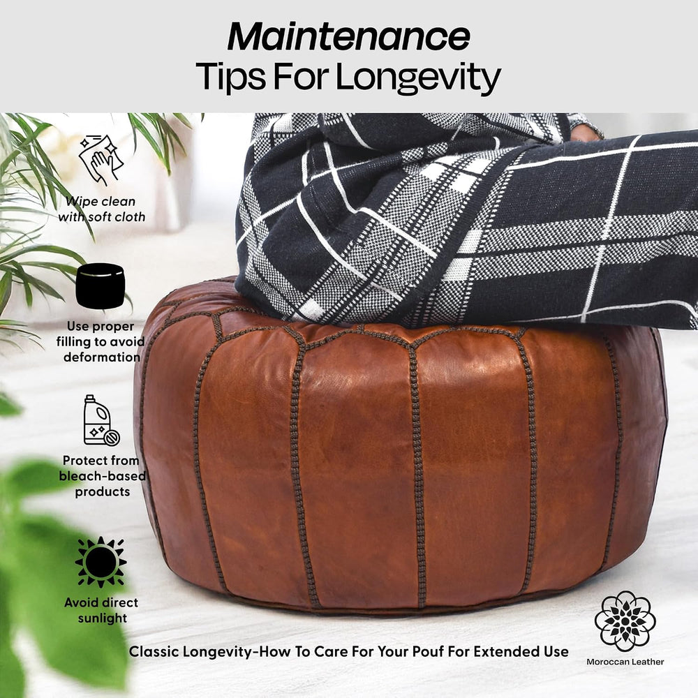 Moroccan Leather Handmade Pouf Ottoman Cover, Unstuffed Foot Stool, Round Boh...