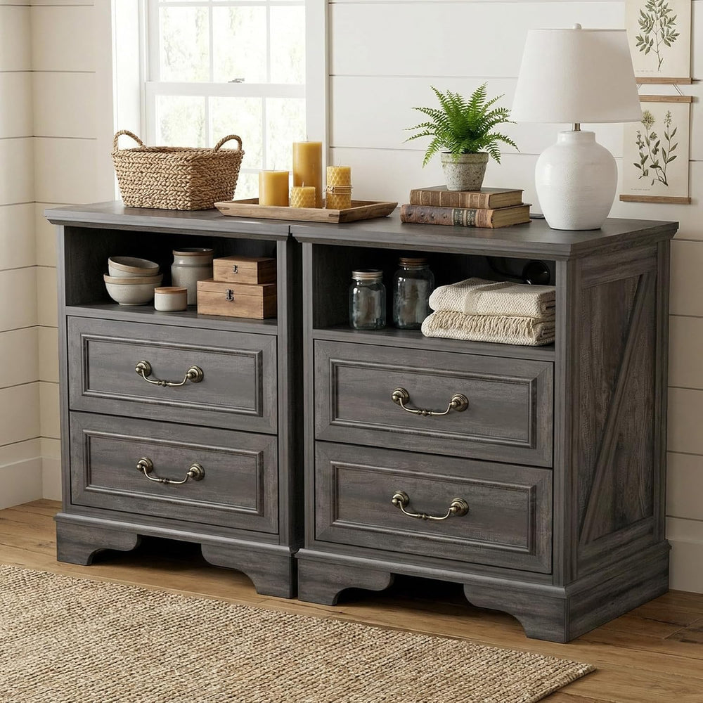 Farmhouse End Table Set of 2, Rustic Wood Nightstand with Charging Station, 2...