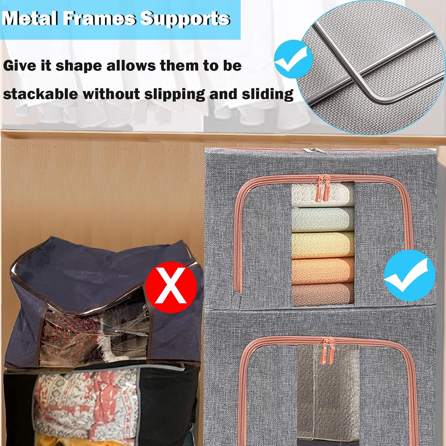 100L Large Storage Bags,Stackable Clothes Storage Bins with Hold Shape Metal Frame,Foldable Closet Organizer Containers with Zipper,Clear Window,Thick Fabric for Seasonal Clothing (Gray, 4 Pack)