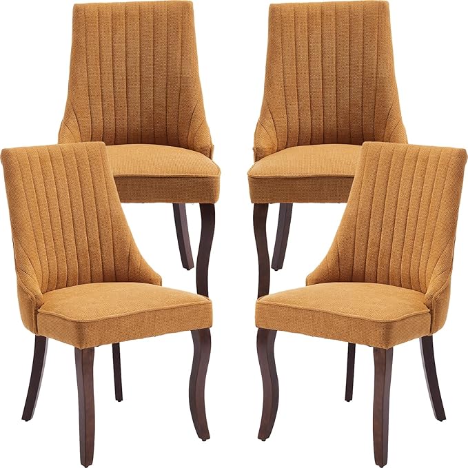 Gold Mid Century Dining Chairs Set of 4, Modern Kitchen & Dining Room Chairs Set of 4, Linen Upholstered Kitchen Chairs, Sillas de Comedor, Wood Legs (Yellow, 4 Pcs)