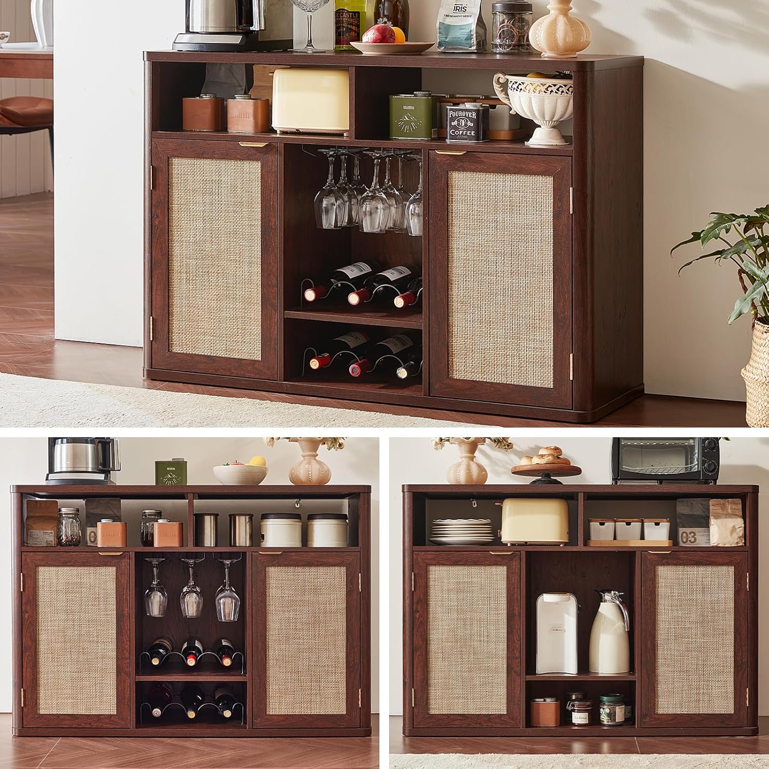 Lerliuo Rattan Wine Bar Cabinet with 2 Doors, Walnut | Boho Liquor Cabinet with Wine Racks & 2 Open Shelves & Rounded Corners for Living Room, Dining Room, Kitchen