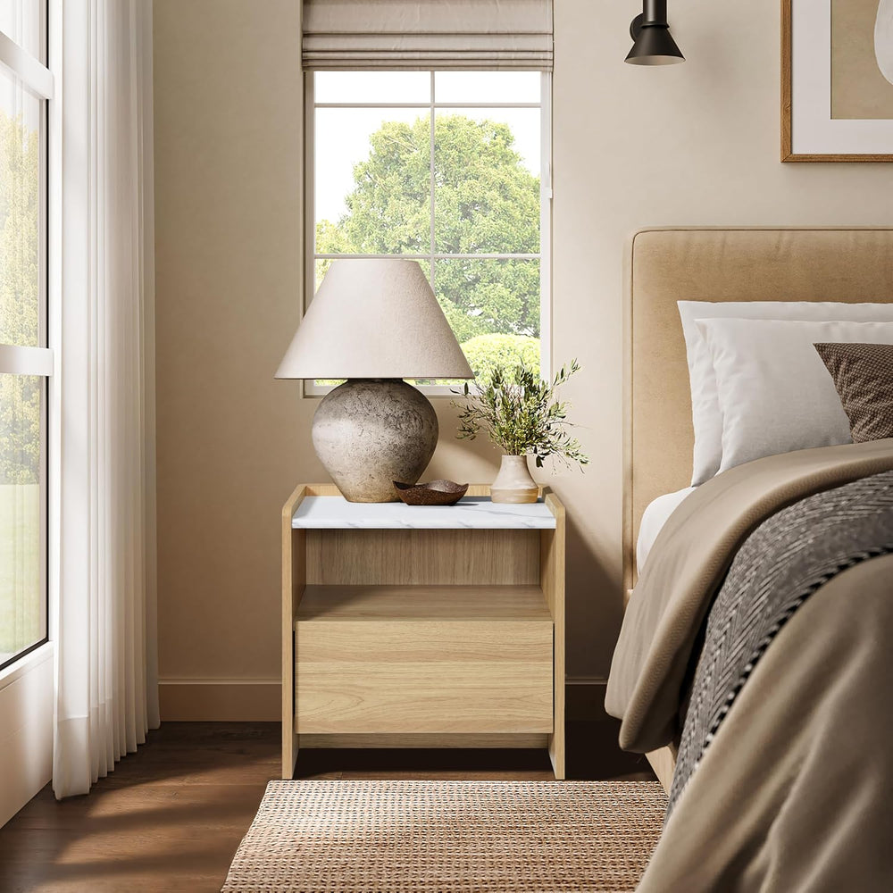 LuxenHome Nightstand with Drawer and Shelf, 18.8'' Wood Japandi Moder...