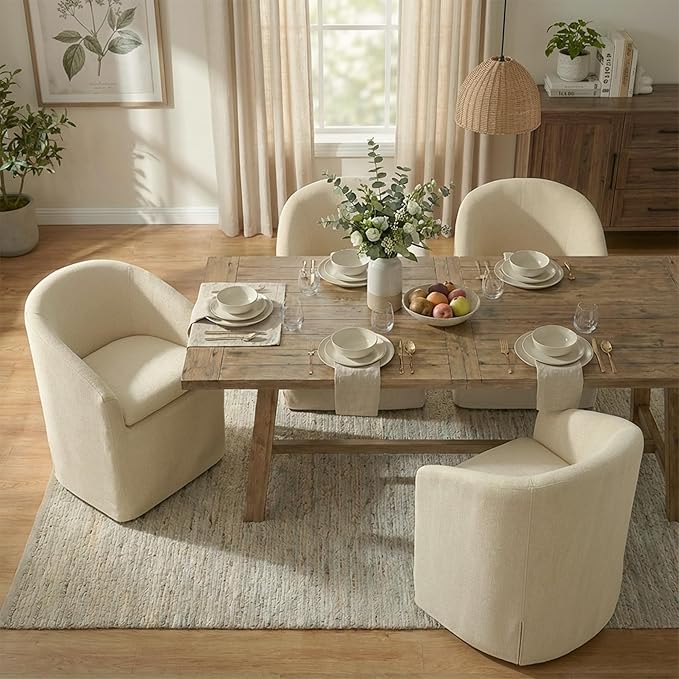 Upholstered Dining Chairs with Casters, Washable Cover Modern Dining Room Chairs with Barrel Backrest & Dual Armrest for Kitchen, Living Room, Bedroom, Sand Fabric, 4PCS