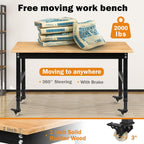 Betterhood 48" Heavy-Duty Adjustable Workbench for Garage, Rubber Wood Shop Table W/Metal Wheels, Hardwood Workstation Weight Capacity Over 2000 Lbs with Wheels