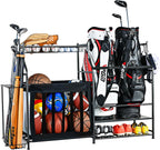PLKOW Sports Equipment Organizer Rack, Garage Ball Rack, 2 Golf Bag Storage and Sports Gear Organizer for Garage