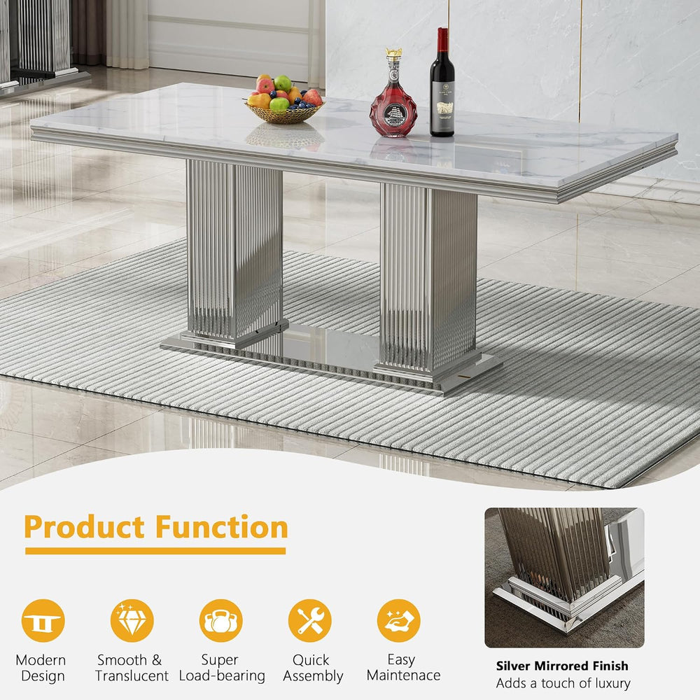68 in Faux Marble Dining Table for 4-6, White Marble Dining Table with Silver...