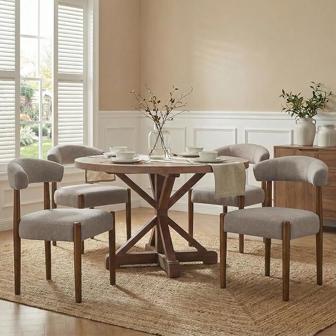 VKNOW Wooden Dining Chairs Set of 4, Modern Upholstered Dining Room Chairs with Walnut Wood Legs and Curved Backrest, Fabric Kitchen Chairs for Farmhouse/Living Room/Dining Room, Brown