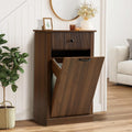 Grepatio Tilt Out Fluted Laundry Hamper Cabinet, 11 Gallon Hidden Laundry Hamper, Wooden Trash Can Cabinets with Drawer, Modern Garbage Can Cabinet for Bathroom, Kitchen, Living Room (Brown, Single)