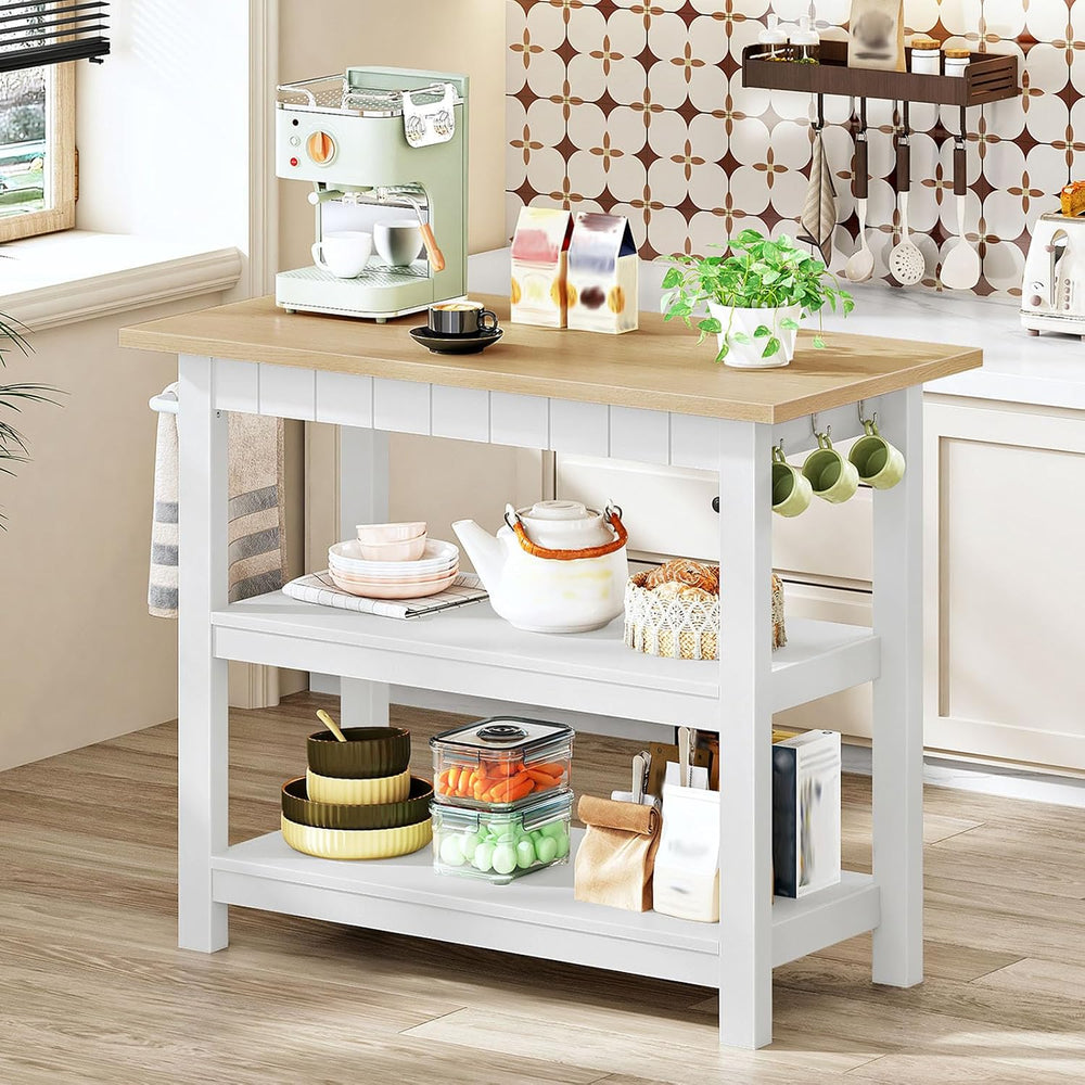 CHOEZON Kitchen Island with 3-Tier Storage and Hooks, White and Natural | 39....