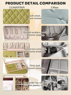Velvet Travel Jewelry Box with Large Mirror, Double-Layer Jewelry Organizer Case for Women and Girls, Portable Storage Case with 6 Anti-Tarnish Bags Gift Ready for Her (Avocado Green)