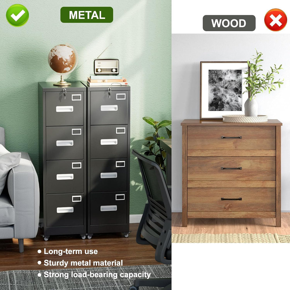 Reemoon Metal 4 Drawer File Cabinet with Lock and Wheels, Black | 17.72"...