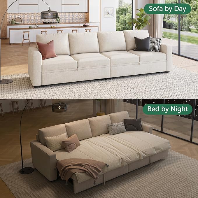 HONBAY Modular Sectional Sleeper Sofa Bed, with Pull Out Bed, Linen Convertible Sectional Couches for Living Room - Beige
