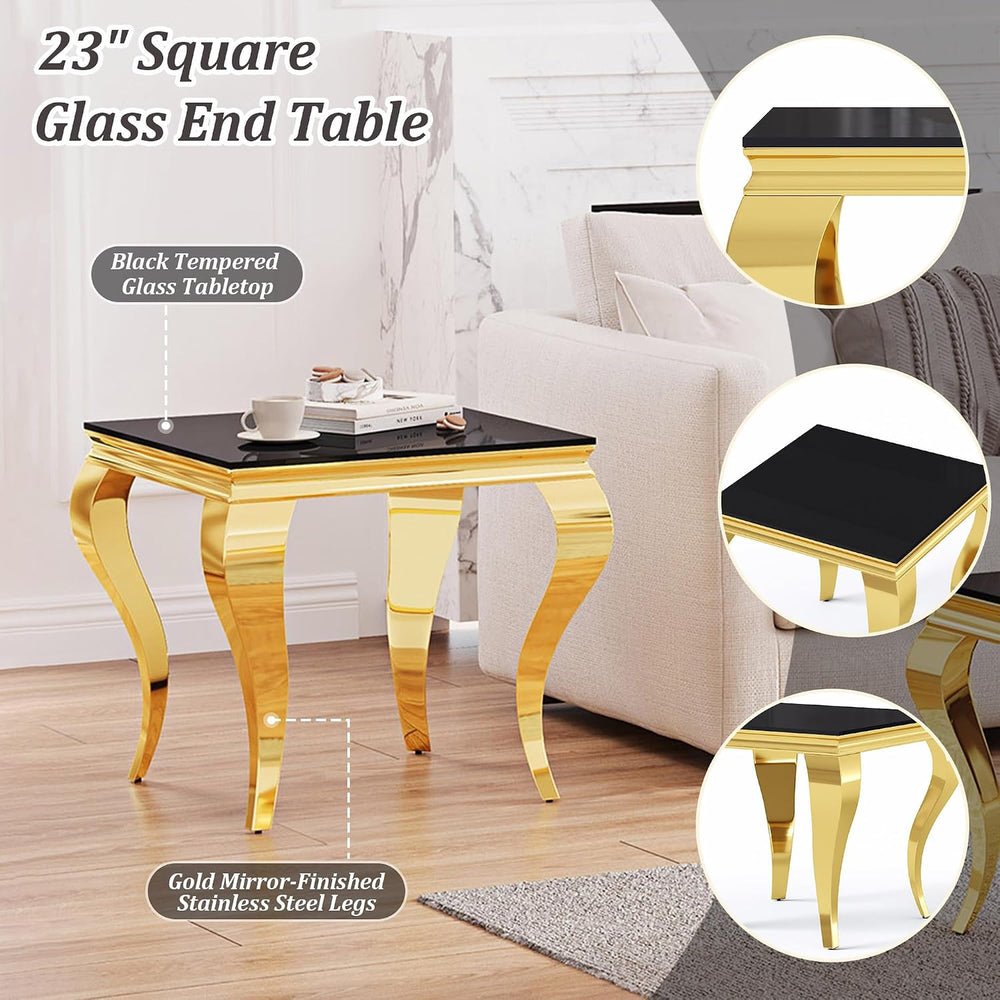 Square Glass End Table, 23" Modern Side Table with Black Tempered Glass ...