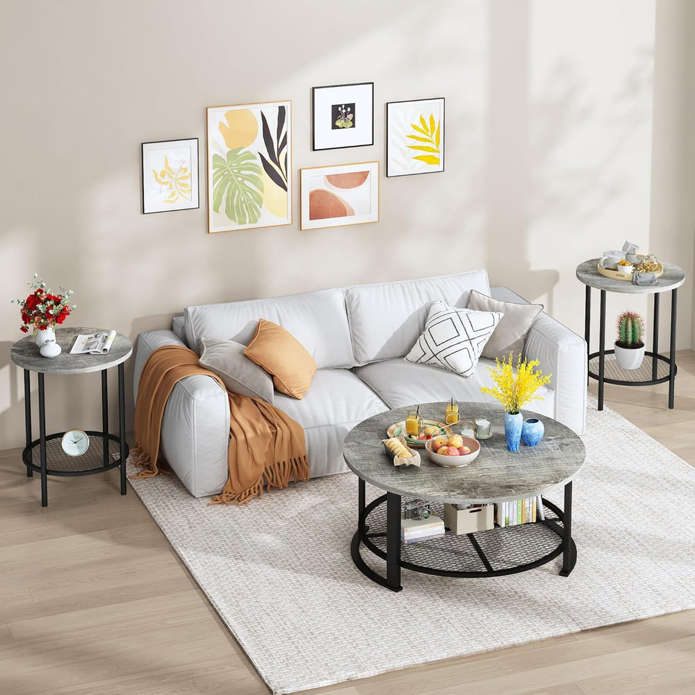 DKLGG 3-Piece Coffee Table and End Table Sets for Living Room, Round Coffee T...