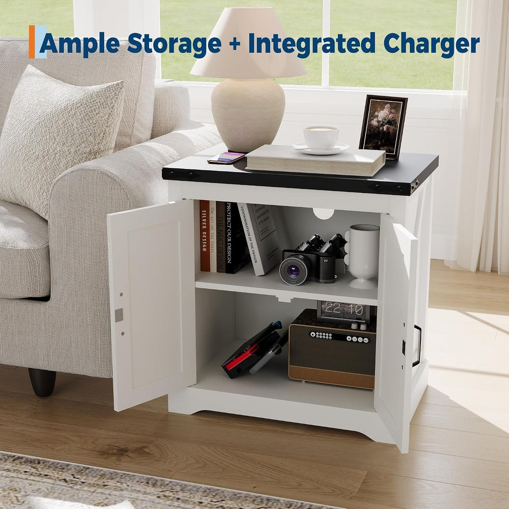 Takywep 24" White Farmhouse Side Table with USB Charging Station, Large ...