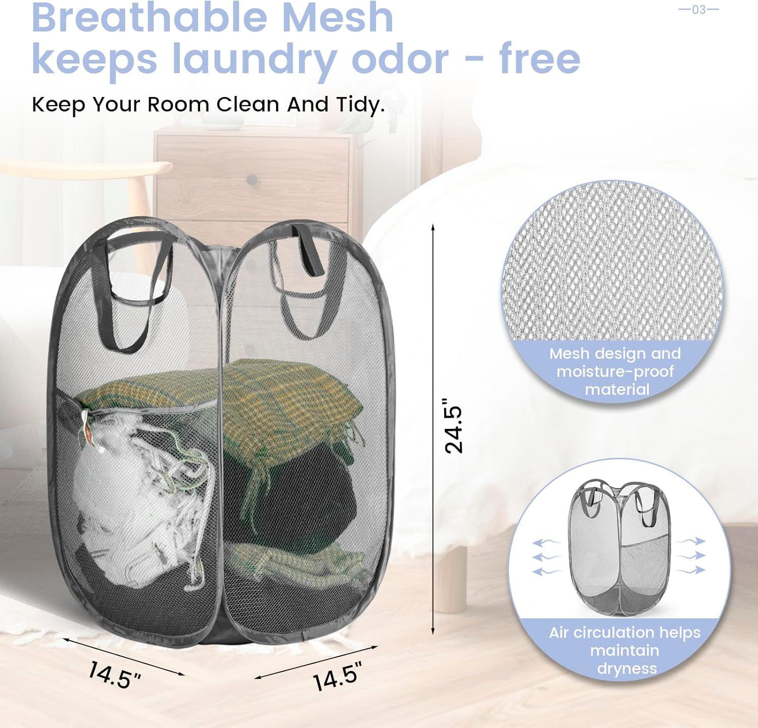 HOUSE AGAIN Mesh Popup Laundry Hamper, [Reinforced] Collapsible Laundry Basket, Foldable Pop Up Hamper with Durable Handles, Easy to Open and Fold for Dorm, Laundry Room, Bedroom, RV, (Grey）