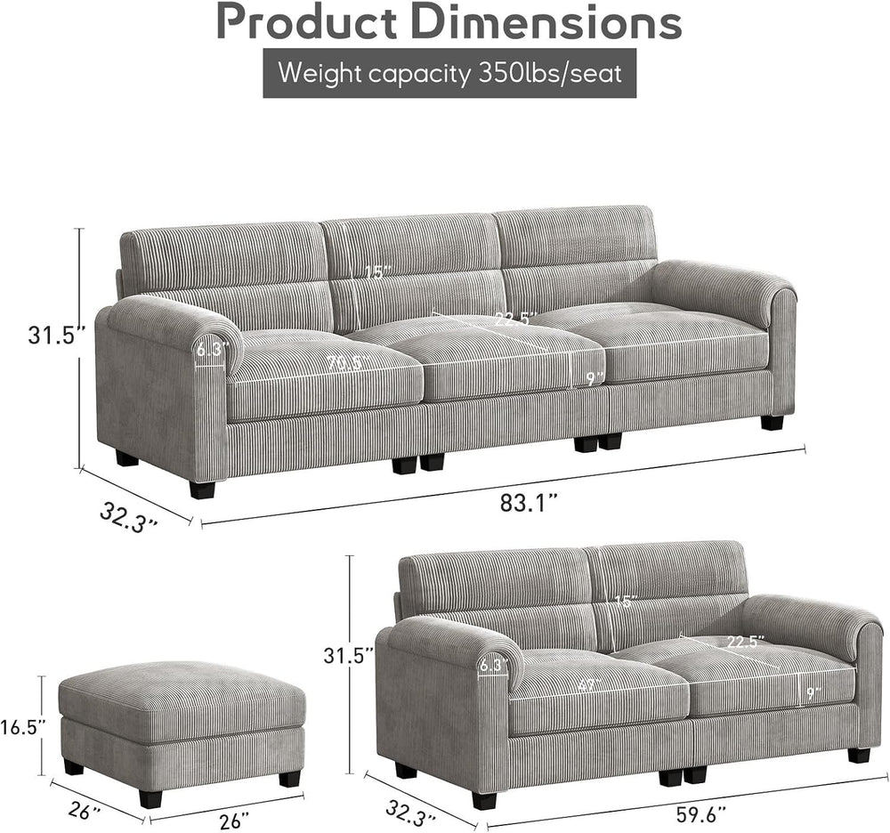 Bonzy Home Corduroy Couch Sets for Living Room, Light Gray