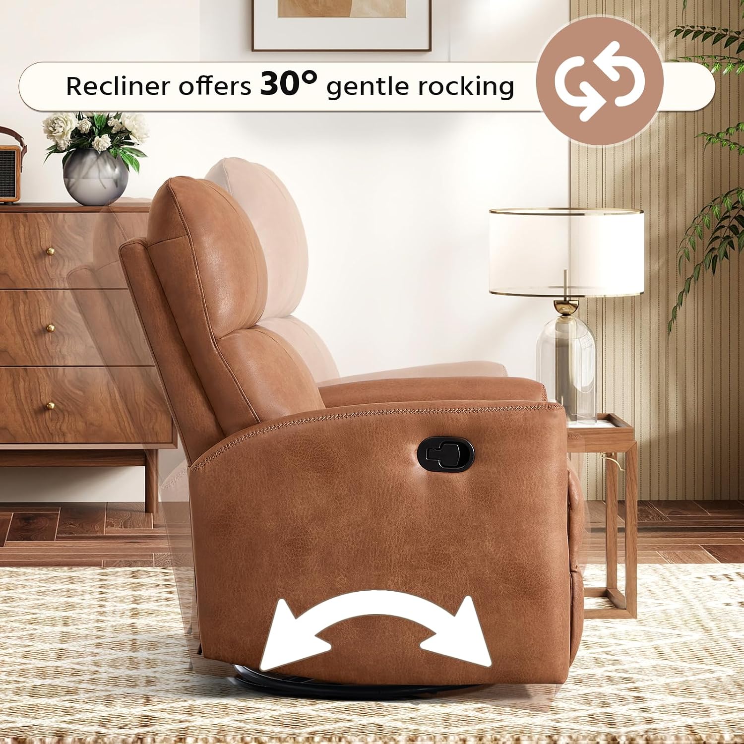 HAOMARKETS Swivel Rocker Recliner Chair Set of 2, Manual Faux Leather Glider Rocking Recliners for Adults, 360° Swivel Nursery Reclining Sofa with Padded Backrest for Living Room, Dark Brown