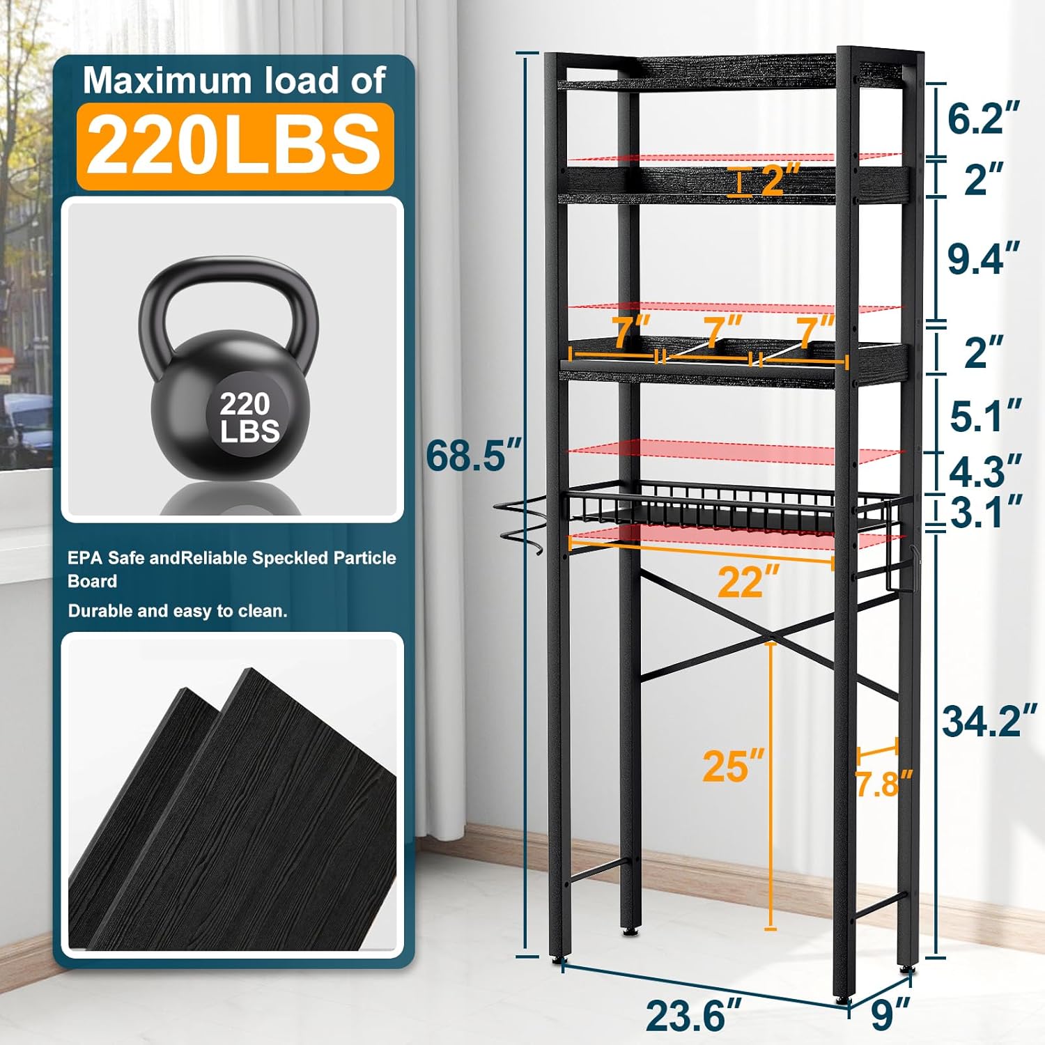 Over The Toilet Storage Cabinet,4 Tier Bathroom Organizer and Storage With Adjustable Shelf Waterproof Feet Pad and Basket Multifunctional Space Saver Freestanding Bathroom Shelves With Dividers Black