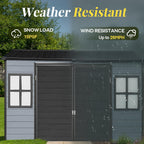 8x6ft Resin Outdoor Storage Shed with Floor and 2 Windows, Plastic Sheds & Outdoor Storage Clearance for Patio Furniture, GardenTools, Bike Accessories and Lawn Mower, Black+Grey