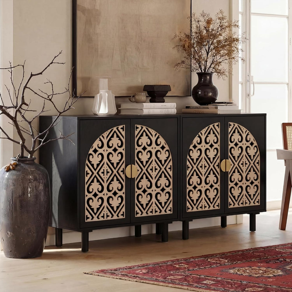 Decorative Storage Cabinet Sideboard with Hollow Carved Panels, 2 Doors, Natu...