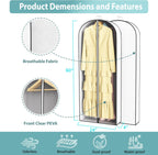 60” Garment Bags for Hanging Clothes 4” Gusseted - with Clear Window, Breathable Fabric, Metal Zipper, Suit Coat Long Dress Protector for Clothes Closet storage, Season Off, Moving, 5 Pack