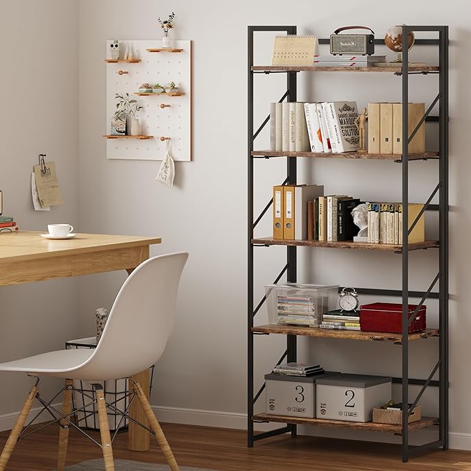 JSB No Assembly Folding Bookshelf, 5 Tier Industrial Metal Book Shelf for Sto...