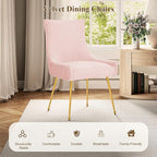 Velvet Dining Chairs Set of 2, Modern Upholstered Kitchen Chair with Pull Handle & Pleated Back, Mid Century Accent Chair with Gold Metal Legs for Vanity,Dining,Kitchen,Living Room, Pink