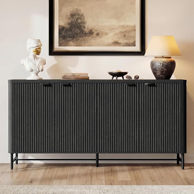 65" Buffet Cabinet with Storage, Fluted Credenza Sideboard with 4 Doors & Adjustable Shelves, Large Coffee Bar Console Table for Dining Room, Living Room, Entryway, Black Grey