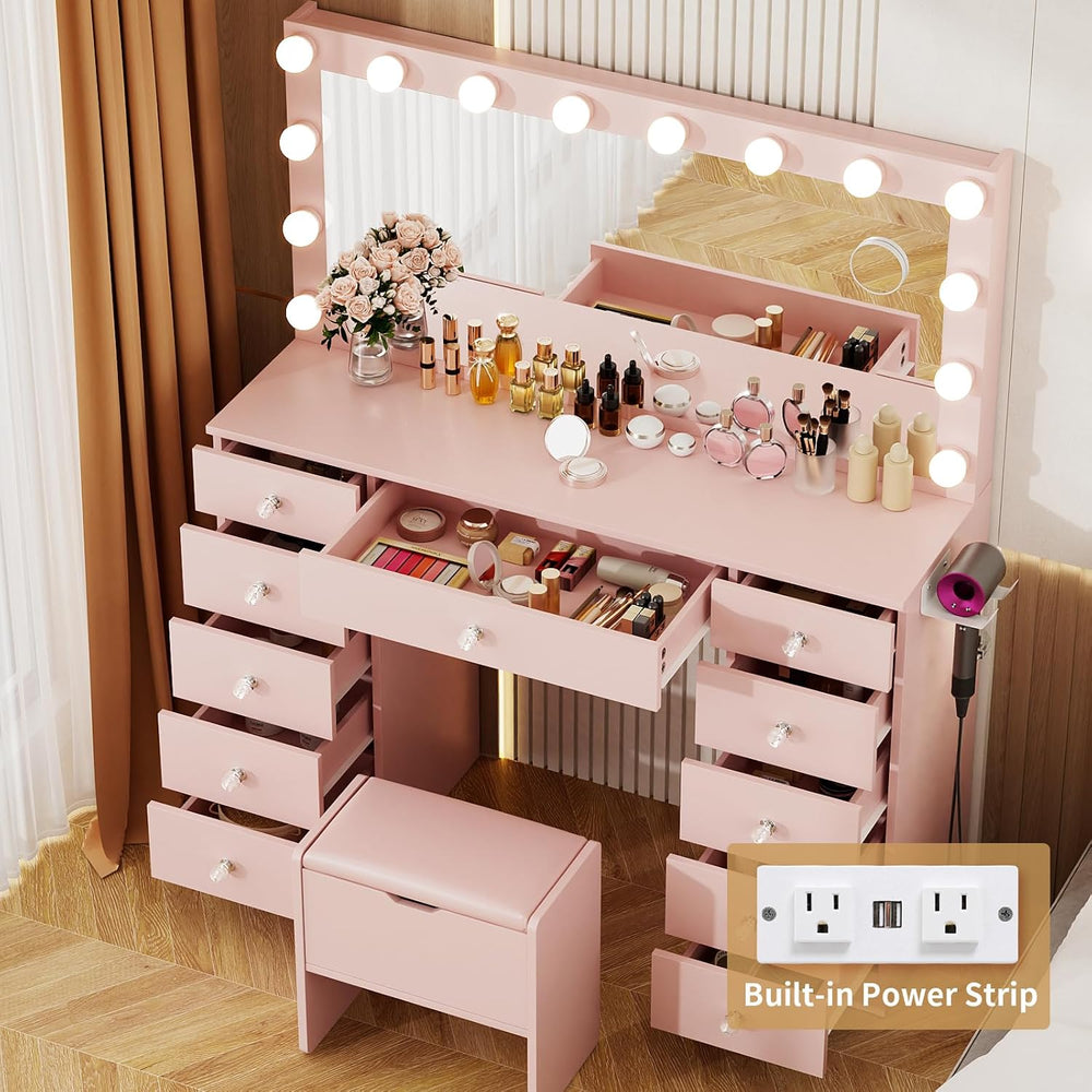 VOWNER Vanity with Lighted Mirror - 46" Makeup Vanity Desk with 11 Drawe...