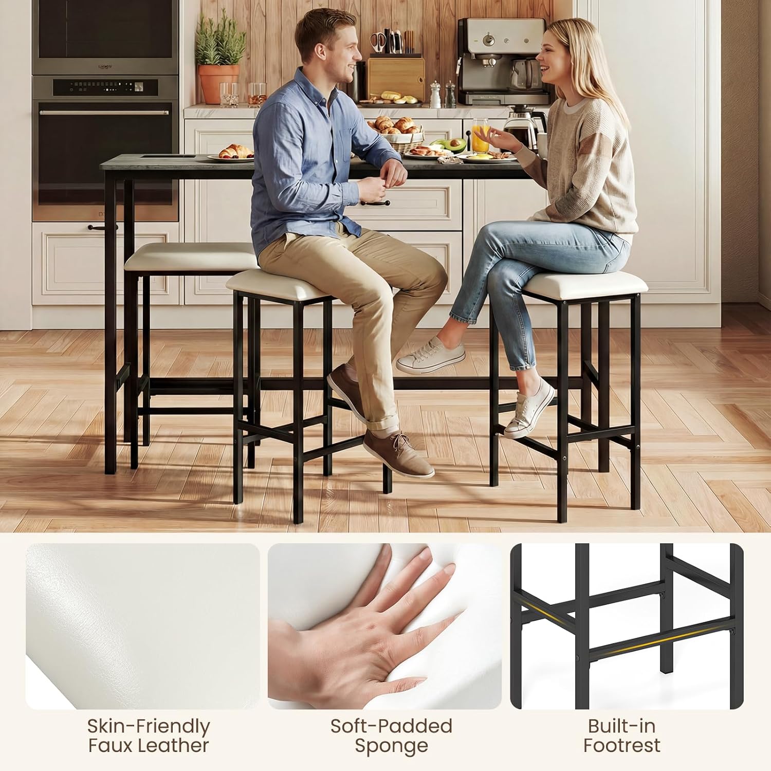 COSTWAY 4 Pieces Counter Height Bar Table Set with Power Outlet, 60" Farmhouse Modern Dining Table w/ 3 Padded Stools, Long Kitchen Island Table and Upholstered Chairs for Breakfast Nook, Small Spaces