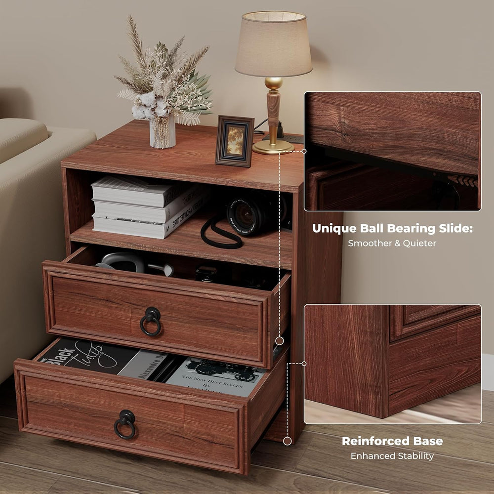 Bigbiglife Farmhouse End Table with Charging Station, 21.7inch Wide Bedside T...