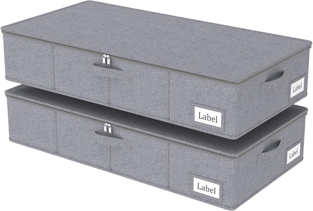 Yawinhe Foldable Underbed Storage Bags, Containers Bin with Lids, Large Under Bed Organizer Box, with Sturdy Zipper und Label Holders, for Clothing, 31.5''Lx15.7''Wx6''H, 2 Pack, Grey