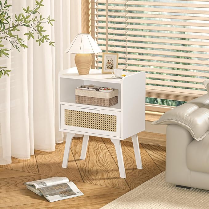 Lerliuo Rattan Nightstands Set of 2, Bedside Table with Drawer Open Shelf, Ca...
