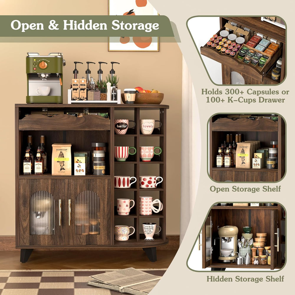 VINAEMO Coffee Bar Cabinet with 24-Cup Display, Large Drawer & Storage,Mo...
