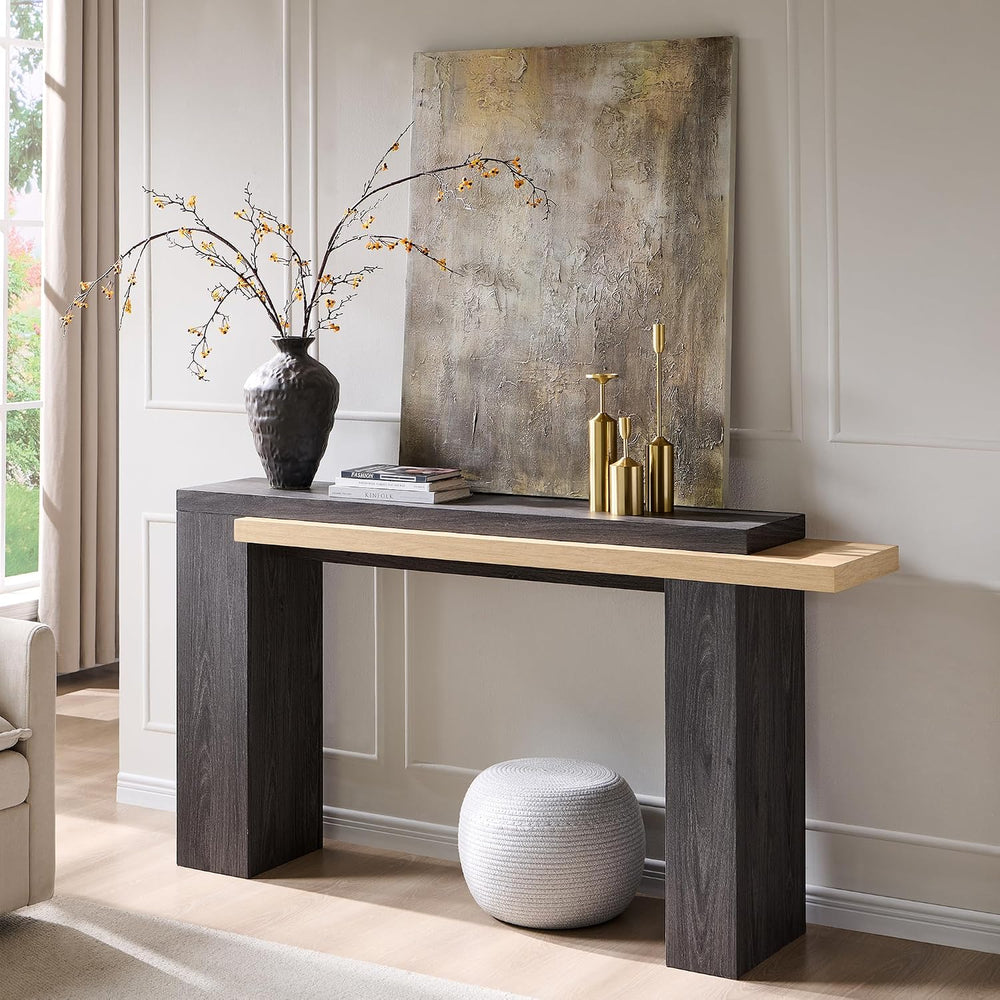 OKD 63" Geometric Console Table with Layered Top, Natural Oak & Dark...
