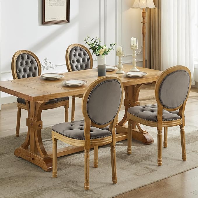 French Country Dining Chairs Set of 4, Gray Kitchen & Dining Room Chairs, Velvet Kitchen Chairs, Tufted Upholstered, Wood Legs, Sillas De Comedor (Velvet, Grey, 4 Pcs)