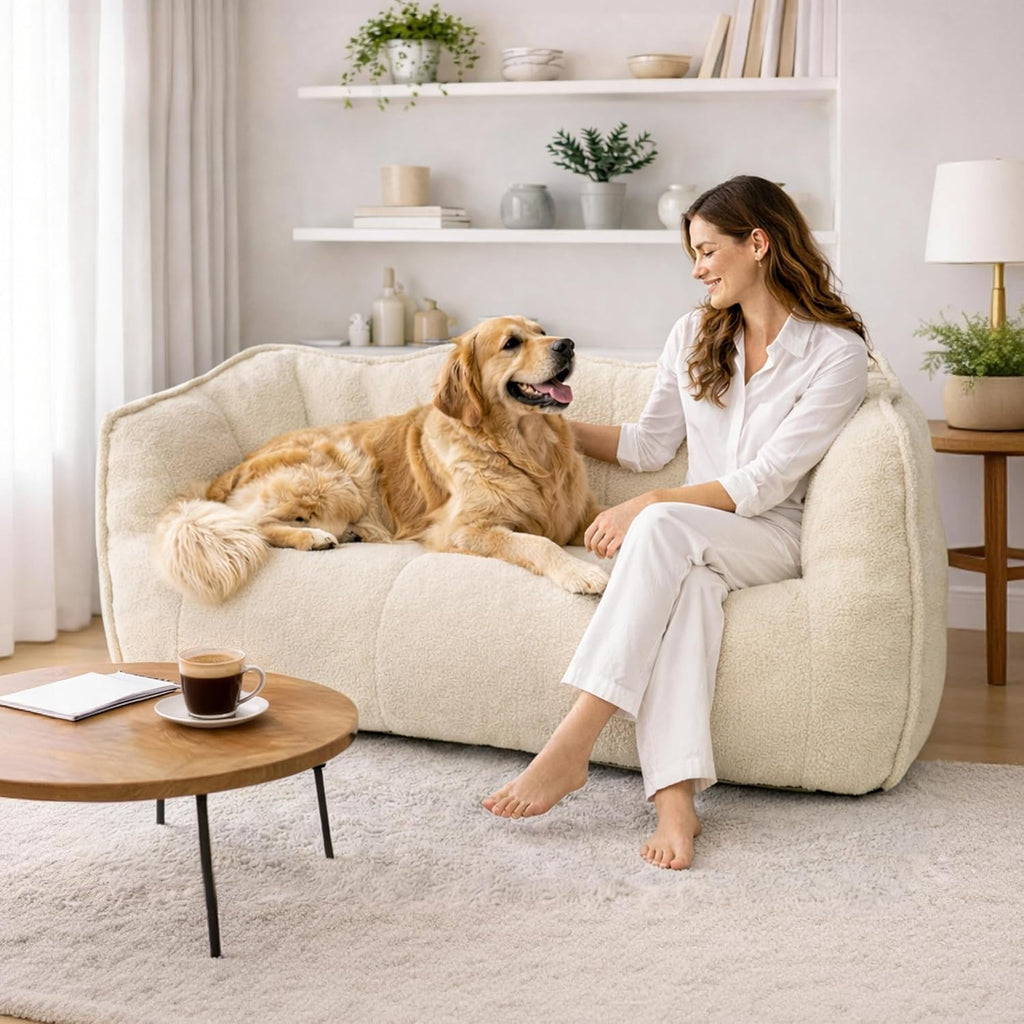 Pamapic 59" Teddy Fabric Bean Bag Chair, 2 Seat Loveseat Sofa,Teddy Fabric Sofa Bed for Adults,Fit Living Room, Bedroom,Outdoor Spaces,Fluffy Comfort Washable Cover,72h Rebound,White